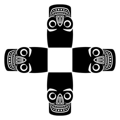 Square ethnic cross shape design or frame with four human skulls. Native American art of ancient Peru. Chancay culture. Black and white silhouette.