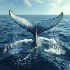 Naklejka premium Whale Tail in Ocean, Majestic image of a whale's tail emerging from the ocean, representing the wonders of marine life.