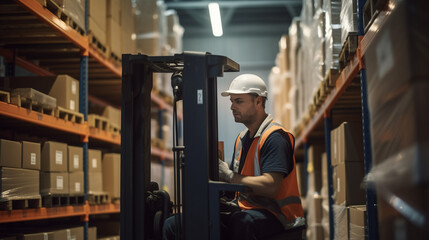 A worker on a forklift in a warehouse full of boxes