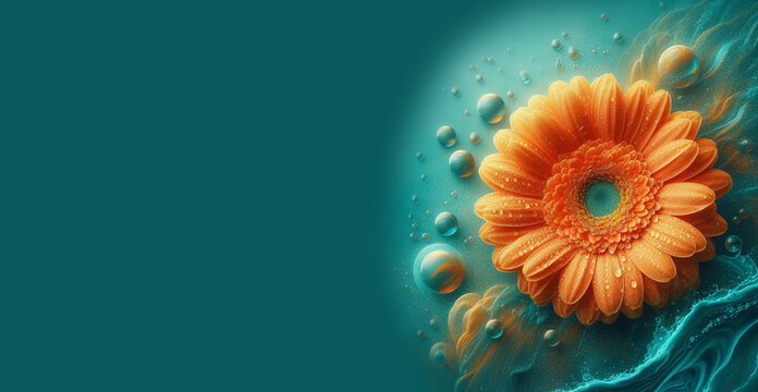 Beautiful orange flower Gerbera with water drops on turquoise abstract background. Macro photography.