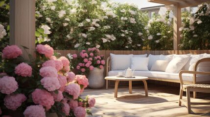 Fototapeta premium Beautiful wooden terrace with garden furniture surrounded by greenery and flowers