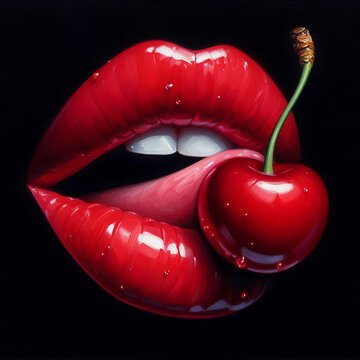 A picture with red lips eating a cherry.	
