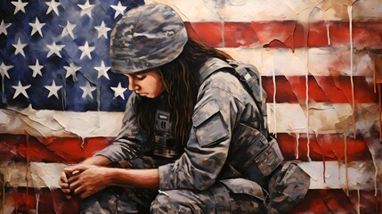 Guardian of Freedom USA Flag Gazing with a Young Female Soldier