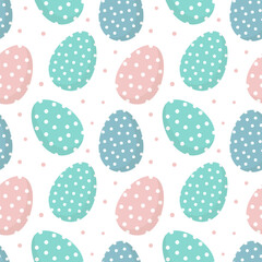 Seamless pattern, Easter eggs with an ornament on a white background with colored dots. Festive background, easter print, vector