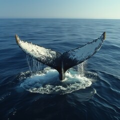 Fototapeta premium Whale Tail in Ocean, Majestic image of a whale's tail emerging from the ocean, representing the wonders of marine life.