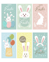 Cute Easter Bunny. Postcard set, holiday poster, cartoon childish style, vector