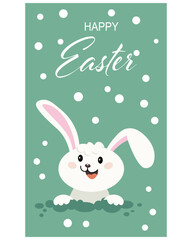 Cute easter bunny on a polka dot background. Greeting card, holiday poster, cartoon children's style, vector.