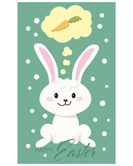 Cute easter bunny dreams of carrots on a polka dot background. Greeting card, holiday poster, cartoon children's style, vector.