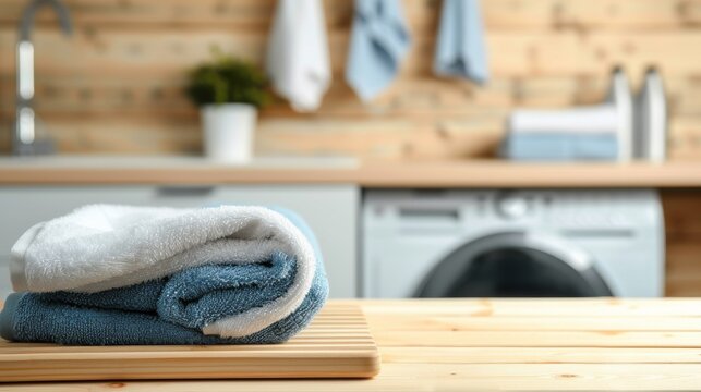 A rustic display of domesticity, a stack of soft towels rests on a wooden surface, waiting to be used for a comforting embrace or a quick cleanup in the bustling kitchen