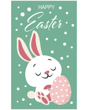 Cute easter bunny with eggs, flowers and balloons. Greeting card, holiday poster, cartoon children's style, vector.