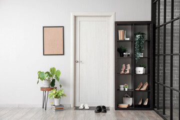 Fototapeta na wymiar Interior of hall with door, mat and shelf unit