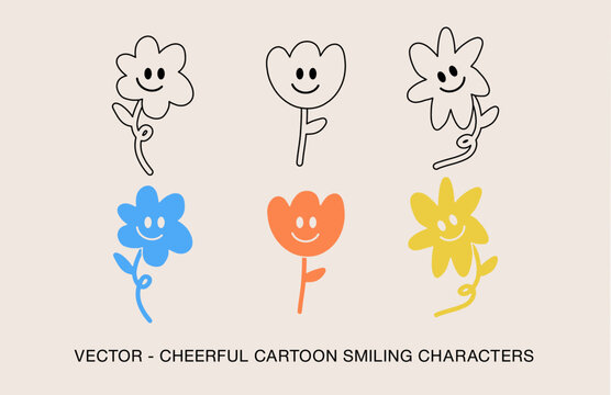SMILING FLOWER SET - CHEERFUL CARTOON SMILING CHARACTERS AND MASCOTS