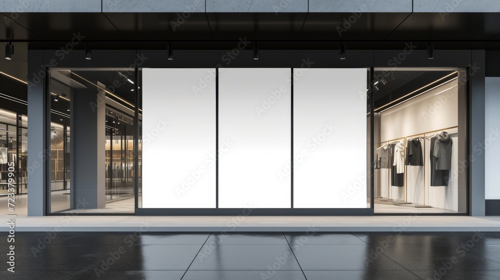 Poster a striking storefront, with its large window reflecting the beautiful architecture of the building, 