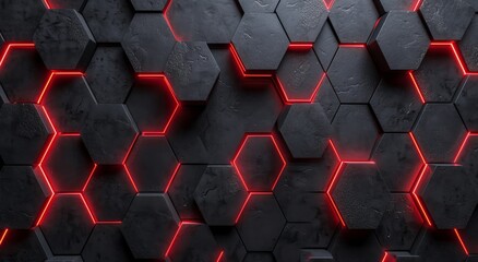A mesmerizing pattern of black hexagons illuminated by vibrant red lights creates a symmetrical and...