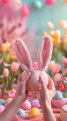 Springtime Celebration: Hand-Crafted Plush Bunny Ears Held Aloft Amid a Festive Backdrop of Pastel Easter Eggs and Blooming Tulips