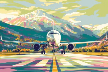 An awe-inspiring piece of artwork captures the excitement and beauty of air travel, with a sleek airliner poised on a runway against a breathtaking mountain backdrop - obrazy, fototapety, plakaty
