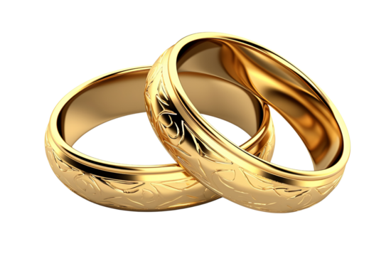 A set of two wedding rings, one made of gold, a beautiful symbol of love and commitment. Isolated on Transparent Background.