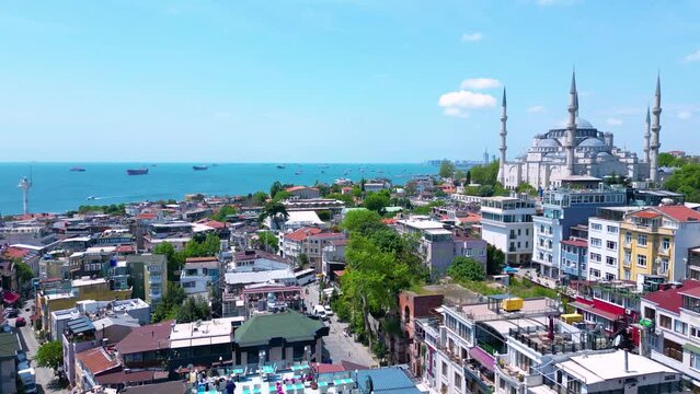 Blue Mosque and Hagia Sophia aerial view at Sultan Ahmet at Park in Sultanahmet district in historic city of Istanbul, Turkey. Historic Areas of Istanbul is a UNESCO World Heritage Site. 