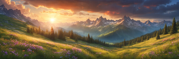 A peaceful evening in the mountains: vibrant flowers, lush grass, and a colorful sky creating a breathtaking landscape at sunset