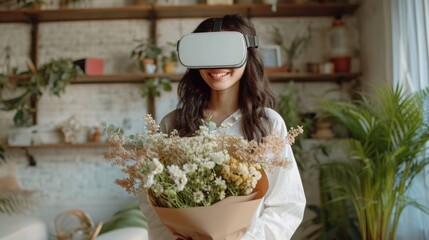 a happy woman wearing VR glasses intimately engaged in a virtual conversation with her beloved on...