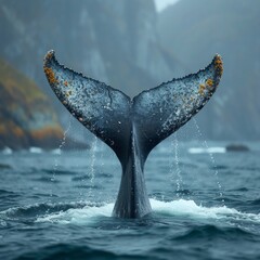 Whale Tail in Ocean, Majestic image of a whale's tail emerging from the ocean, representing the wonders of marine life. - obrazy, fototapety, plakaty