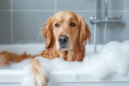 A majestic golden retriever enjoys a luxurious spa day in the comfort of its indoor oasis, surrounded by foamy bubbles in a cozy bathroom