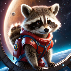 Imagine stumbling upon the most adorable and fluffy baby raccoon you've ever seen, but with a twist: it's floating in outer space, surrounded by a dazzling backdrop of stars. This little critter, with - obrazy, fototapety, plakaty
