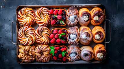 Danish pastries are delicious and fresh on an aluminum baking sheet - obrazy, fototapety, plakaty