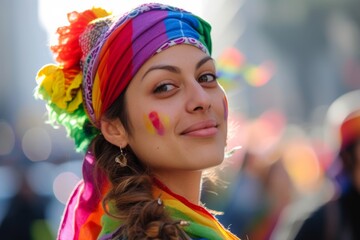 Fototapeta premium A vibrant and joyful woman wearing a rainbow scarf and face paint at a carnival, showcasing her unique fashion sense and beaming with a colorful smile