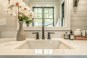 A detailed look at upgraded fixtures and finishes in the renovated bathroom.
