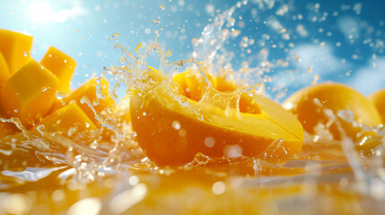Fresh mango slices with water splash on a blue background. - Powered by Adobe