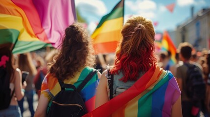 Fototapeta na wymiar couple of women at an LGBT march with flags