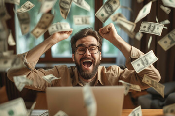 Happy person is making a lot of money online - obrazy, fototapety, plakaty