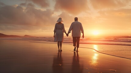 old senior couple walking by sea beach at sunset, older romantic man and woman walk by ocean shore at summer sunrise - Powered by Adobe