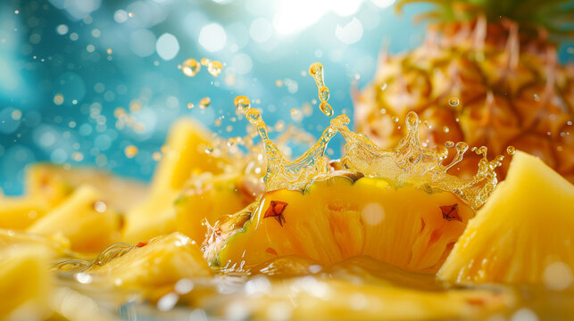 Fresh pineapple with water splash on a vibrant background.