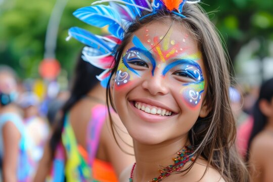 A joyful woman adorned with vibrant feathers and playful face paint embraces the spirit of carnival and fashion at an outdoor festival, radiating a contagious smile that captures the essence of mardi