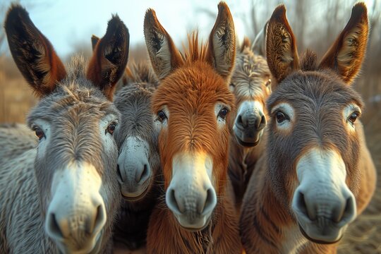 A curious herd of terrestrial animals, including mules, burros, and donkeys, stands together in the great outdoors, their snouts raised as they gaze intently at the camera with a mix of wild and dome
