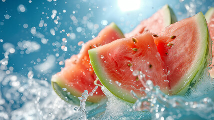 Fresh watermelon slices with splashing water on a blue background. - obrazy, fototapety, plakaty