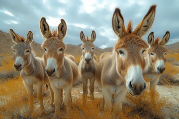 A majestic herd of burros, with their sturdy hooves planted firmly on the desert ground, stand under the vast sky as a symbol of resilience and freedom in the wild