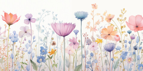 Obraz premium Beautiful floral spring seamless pattern with watercolor drawn field wildflowers. For wedding stationery, greetings, wallpapers, fashion, backgrounds, textures, DIY, packaging, cards.