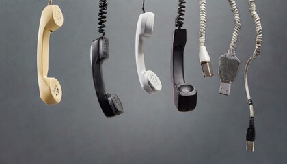 Several old telephone handsets and wires of different shapes and colors hanging isolated on gray background.