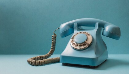 Old classic phone. Blue vintage phone against blue background with copy space.