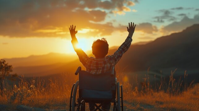 disabled boy in a wheelchair watching a happy sunset in a meadow in high resolution and quality