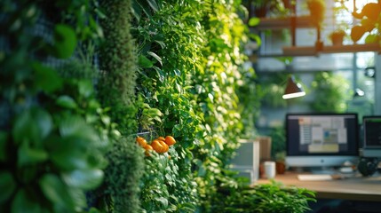 Biophilic design. Green living wall, close-up shot in a modern office.