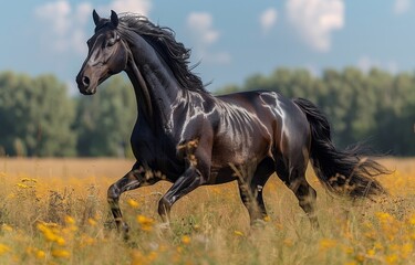 A majestic stallion gallops through a vibrant field of green grass and wildflowers, its brown coat glistening in the sunlight as it exudes strength and grace