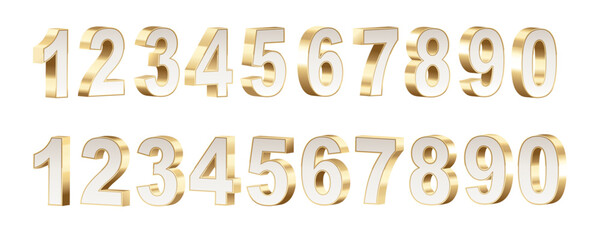 3D white and golden numbers set, isolated on a white background. 