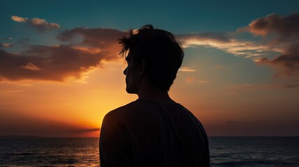 side portrait of young handsome man at sunset, face of guy in silhouette