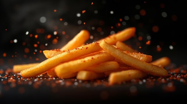 French fries floating on black background ,generative ai