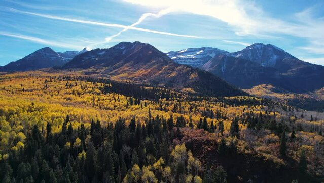 Beautiful Drone over Utah Mountains and Trees in Autumn