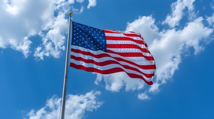 A proud American stars and stripes flag flies from a mast with a blue sky and clouds in the background. - obrazy, fototapety, plakaty